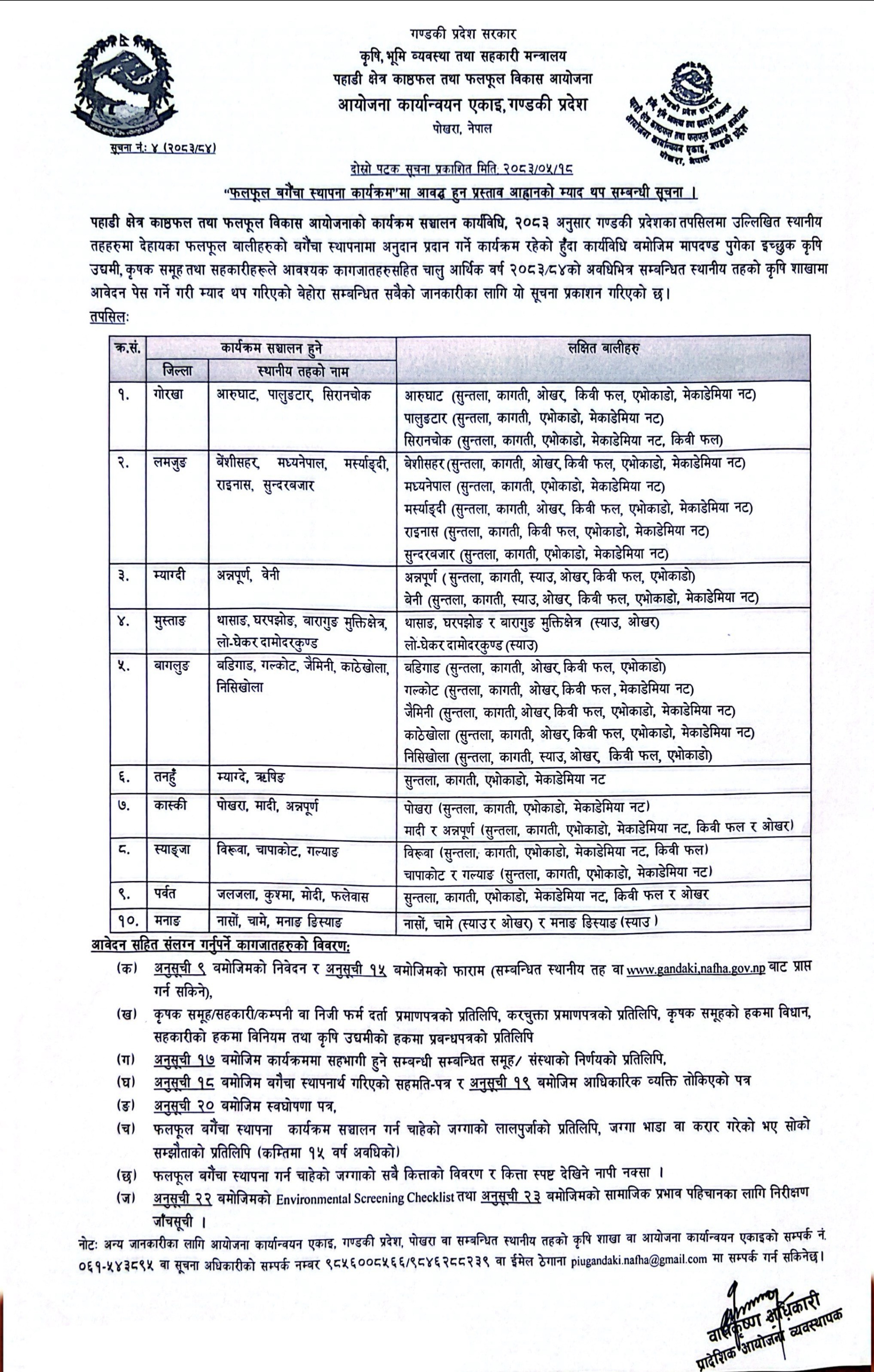 फलफूल बगैचा स्थापनाका लागि म्याद थप सम्बन्धी