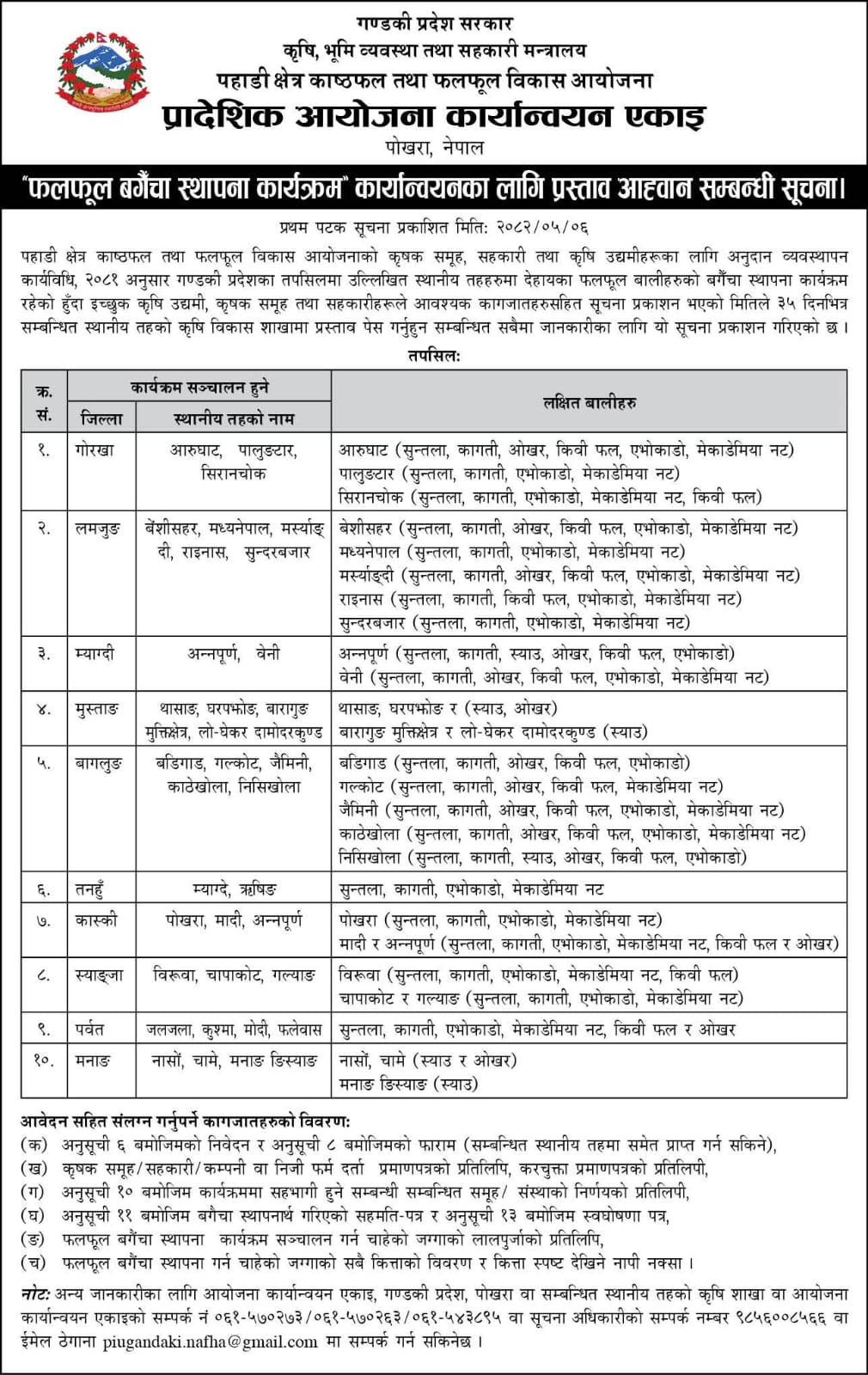 Call for Applications for Fruit Orchard Establishment